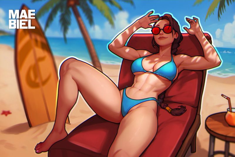 Лара Крофт на пляже художник Mae Biel.jpeg