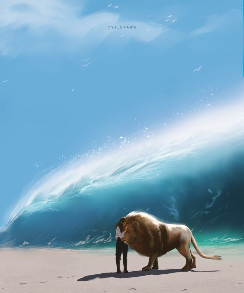 Люси и Аслан на берегу арт от Cyeldraws.jpg
