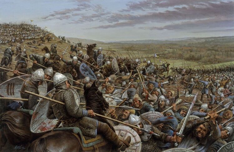 1066 год, нормандские рыцари в битве при Гастингсе художник Birney Lettick.jpg