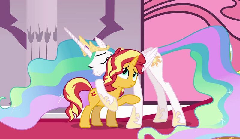 Файл:Sunset Shimmer hugging Celestia.jpg