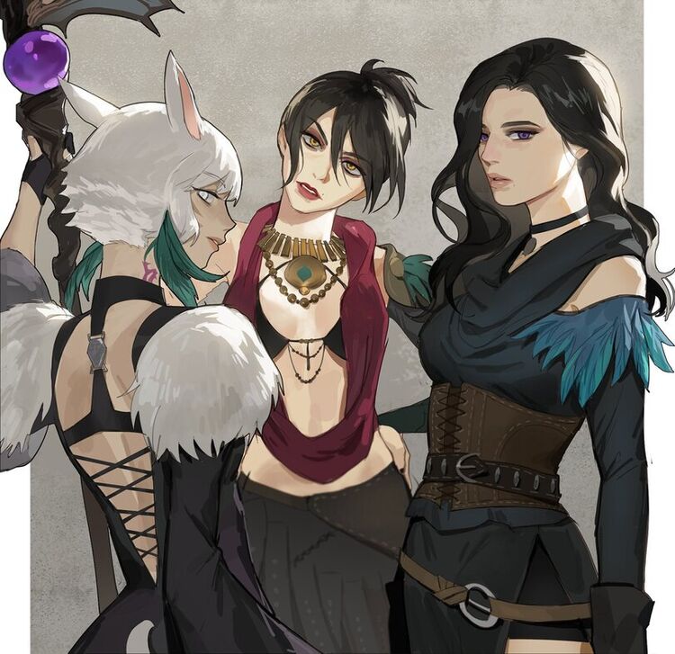 Y'shtola-Rhul Morrigan and Yennefer.jpeg